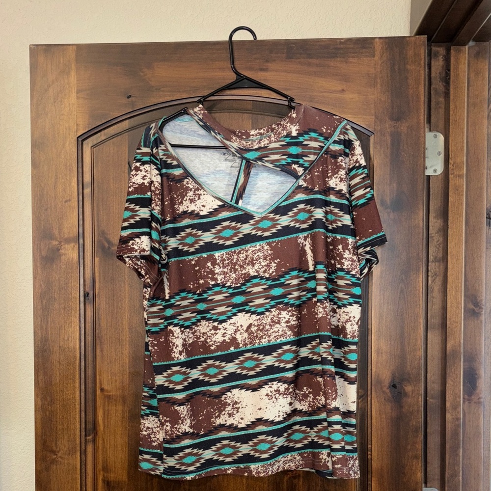 Brown and Teal Patterned Aztec Top